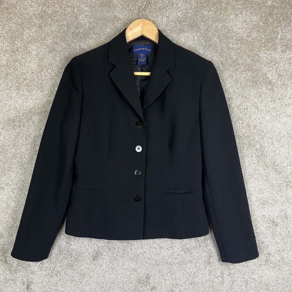 Charter Club Jacket Womens 4 Black Long Sleeve Button Polyester Blazer- 8367